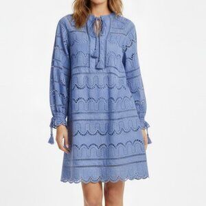 Pearl by Lela Rose Blue Eyelet Embroidered Tassel Tie Shift Dress Like New